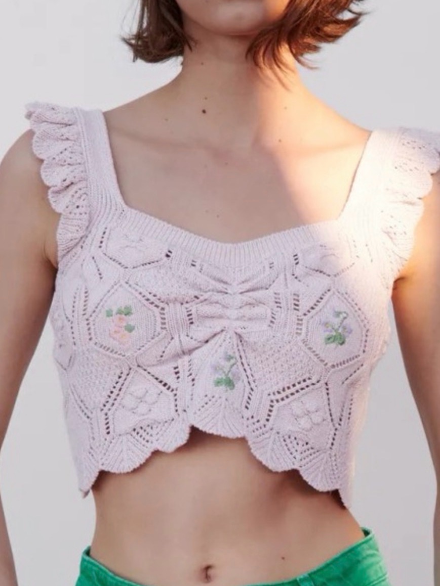 Zara Pale Lavender Knit Floral Crochet-Style Crop Top
